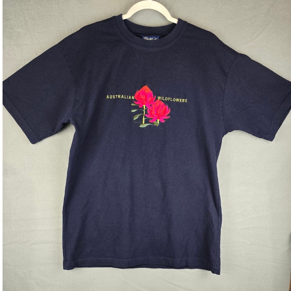 Vintage 90s Stewart Merrett Australian Wildflowers T Shirt Women's L Navy Blue